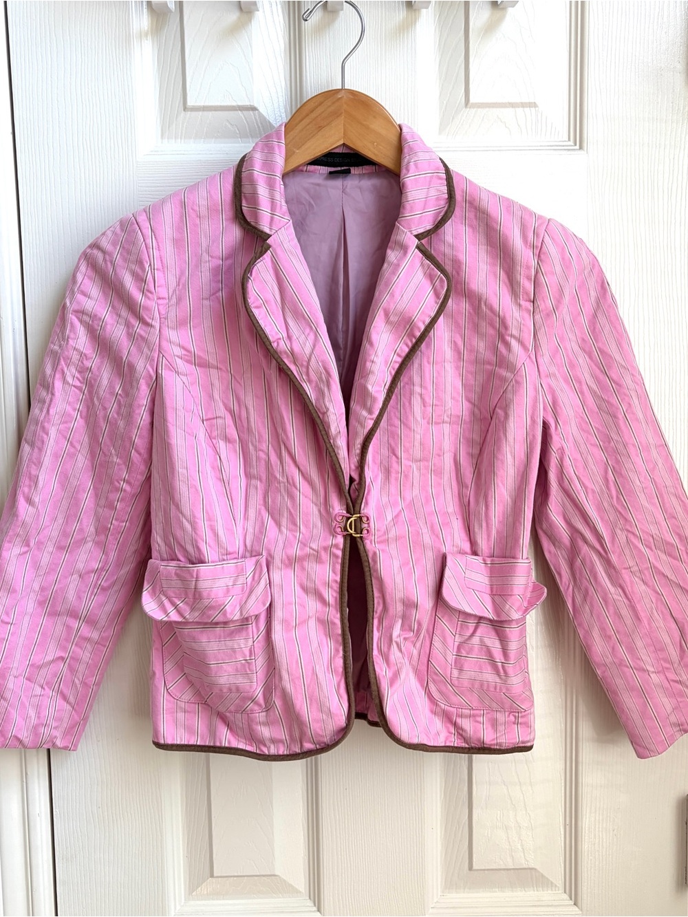 Y2K Vintage Express Pink Striped Blazer with Brown Trim